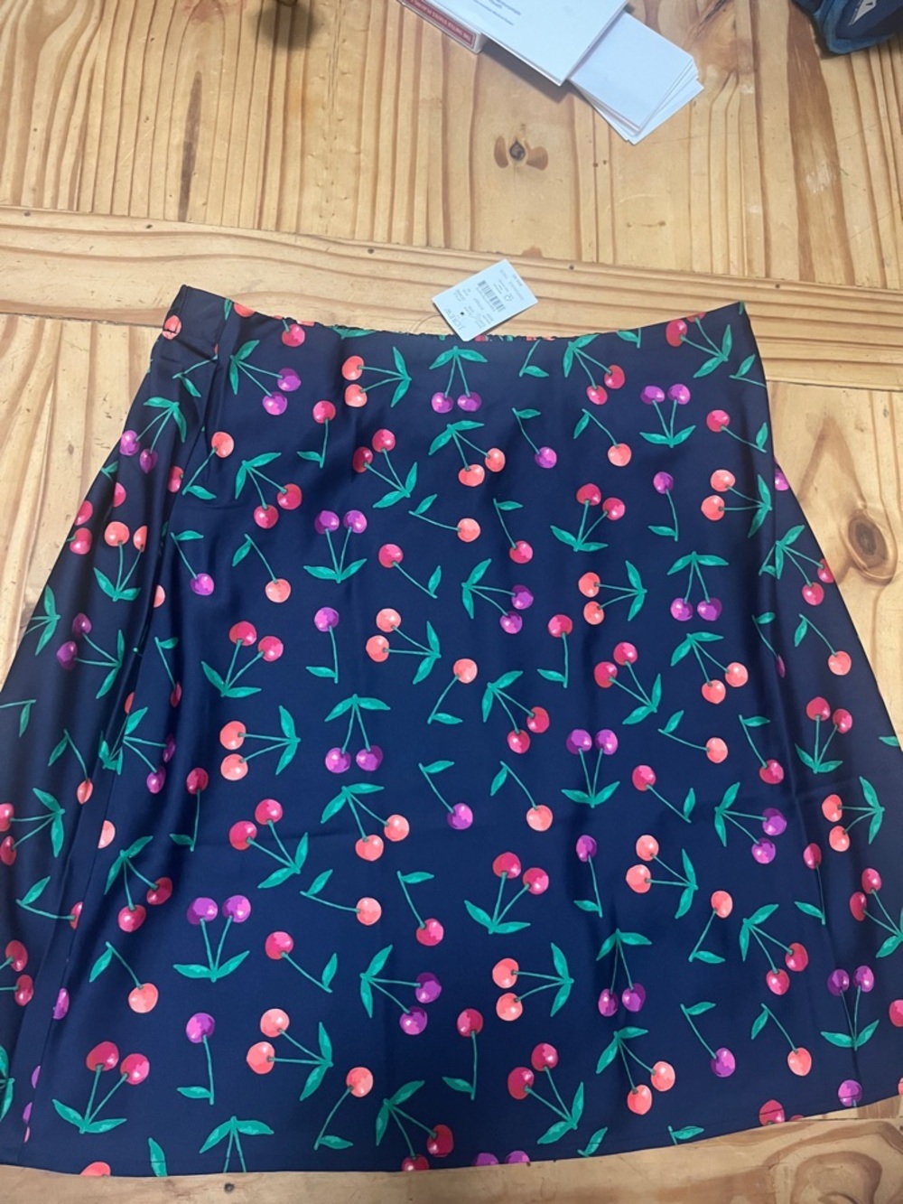 J. Crew Navy A-Line Skirt with Pink and Orange Cherry Print - Picture 2 of 6